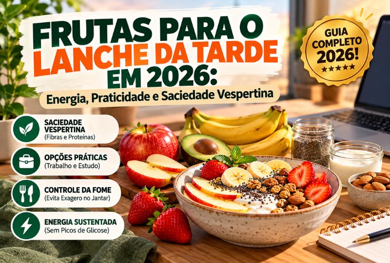 Infográfico sobre frutas para o lanche da tarde em 2026 mostrando uma tigela com iogurte, morangos, banana e castanhas sobre uma mesa de trabalho com notebook, acompanhada de maçã, abacate e bananas. À esquerda, cartões destacam saciedade vespertina, opções práticas, controle da fome e energia sustentada.