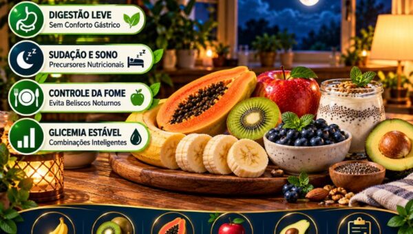 Infográfico sobre as melhores frutas para comer à noite em 2026 mostrando uma mesa de jantar aconchegante com fatias de banana, mamão, kiwi, mirtilos e iogurte sob luz suave. À esquerda, cartões destacam digestão leve, suporte ao sono, controle da fome e glicemia estável.