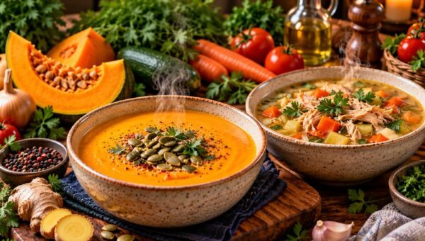 Infográfico sobre sopas saudáveis para o jantar mostrando tigelas de sopa de abóbora com gengibre e sopa de legumes com frango em mesa de madeira à noite. À esquerda, cartões destacam 7 receitas completas, equilíbrio e saciedade, emagrecimento consciente e conservação.
