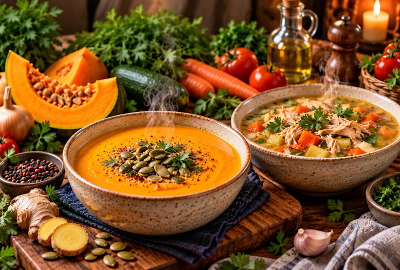 Infográfico sobre sopas saudáveis para o jantar mostrando tigelas de sopa de abóbora com gengibre e sopa de legumes com frango em mesa de madeira à noite. À esquerda, cartões destacam 7 receitas completas, equilíbrio e saciedade, emagrecimento consciente e conservação.