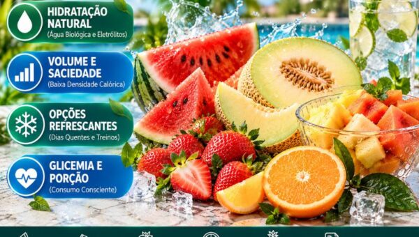 Infográfico sobre frutas ricas em água em 2026 mostrando uma mesa de mármore com fatias de melancia, melão, morango, laranja e abacaxi com gotas de água. À esquerda, cartões destacam hidratação natural, volume e saciedade, opções refrescantes e consumo consciente.