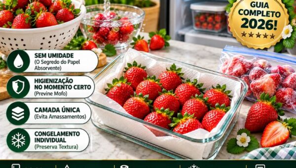 Infográfico sobre como conservar morangos em 2026 mostrando morangos frescos dispostos em camada única em pote de vidro com papel absorvente. À esquerda, cartões destacam controle de umidade, higienização no momento certo, camada única e congelamento.