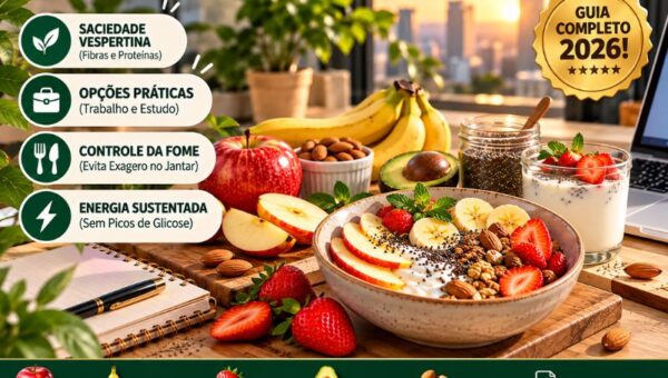 Infográfico sobre frutas para o lanche da tarde em 2026 mostrando uma tigela com iogurte, morangos, banana e castanhas sobre uma mesa de trabalho com notebook, acompanhada de maçã, abacate e bananas. À esquerda, cartões destacam saciedade vespertina, opções práticas, controle da fome e energia sustentada.