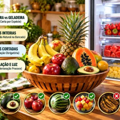 Infográfico comparativo mostrando frutas inteiras em uma fruteira de madeira à esquerda e recipientes de vidro com frutas cortadas dentro da geladeira à direita. À esquerda, cartões destacam fruteira versus geladeira, frutas inteiras, frutas cortadas e ventilação.