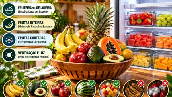 Infográfico comparativo mostrando frutas inteiras em uma fruteira de madeira à esquerda e recipientes de vidro com frutas cortadas dentro da geladeira à direita. À esquerda, cartões destacam fruteira versus geladeira, frutas inteiras, frutas cortadas e ventilação.
