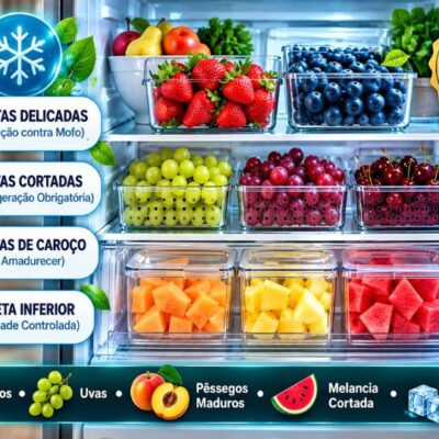 Infográfico sobre frutas que precisam de refrigeração em 2026 mostrando o interior de uma geladeira moderna organizada com recipientes de vidro contendo frutas vermelhas, uvas e frutas cortadas. À esquerda, cartões destacam frutas delicadas, frutas cortadas, frutas de caroço e gaveta inferior.