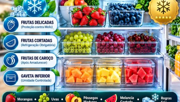 Infográfico sobre frutas que precisam de refrigeração em 2026 mostrando o interior de uma geladeira moderna organizada com recipientes de vidro contendo frutas vermelhas, uvas e frutas cortadas. À esquerda, cartões destacam frutas delicadas, frutas cortadas, frutas de caroço e gaveta inferior.