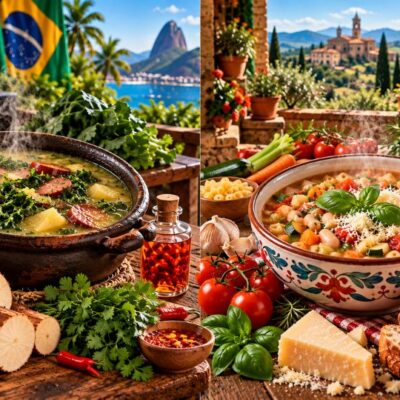Infográfico comparativo de culinária entre uma panela de barro com caldo brasileiro à esquerda e uma tigela de cerâmica com minestrone italiano à direita. À esquerda, cartões destacam herança indígena e africana, cucina povera italiana, técnicas de caldos e tabela comparativa.