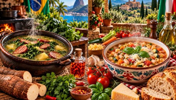 Infográfico comparativo de culinária entre uma panela de barro com caldo brasileiro à esquerda e uma tigela de cerâmica com minestrone italiano à direita. À esquerda, cartões destacam herança indígena e africana, cucina povera italiana, técnicas de caldos e tabela comparativa.
