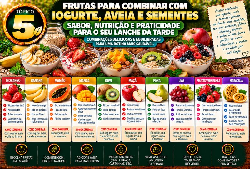 Infográfico sobre frutas naturalmente doces para o café da manhã, com banana, manga, uva, caqui, mamão, figo e frutas secas