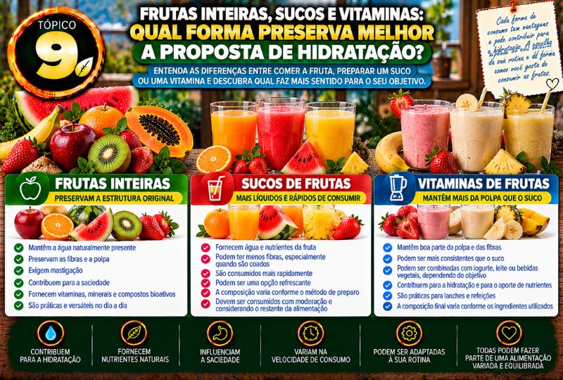 Frutas Inteiras, Sucos e Vitaminas para Hidratação: Diferenças na Água, Fibras, Polpa e Forma de Consumo